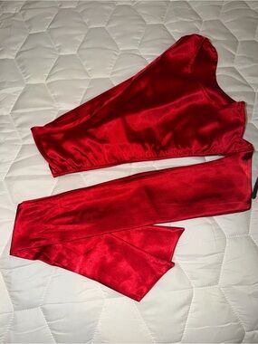 SHEIN Red Satin One-Shoulder Wrap Crop Top